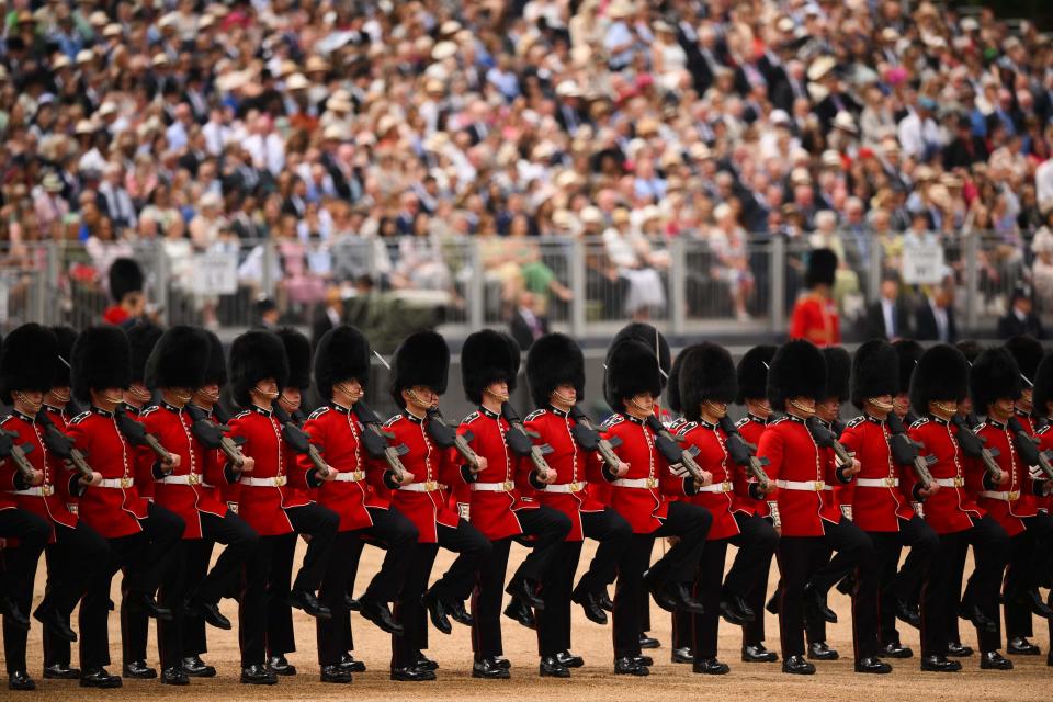 Members of the Welsh Guards perform on Horse Guards Parade for the King's Birthday Parade, 'Trooping the Colour (AFP via Getty Images)