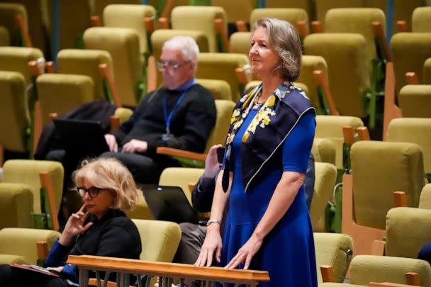 PHOTO: Elizabeth Whelan, the sister of former U.S. Marine Paul Whelan who remains detained in Russia, stands in the gallery upon request during a meeting of the United Nations Security Council at the U.N. headquarters in New York City on April 24, 2023. (John Minchillo/AP)