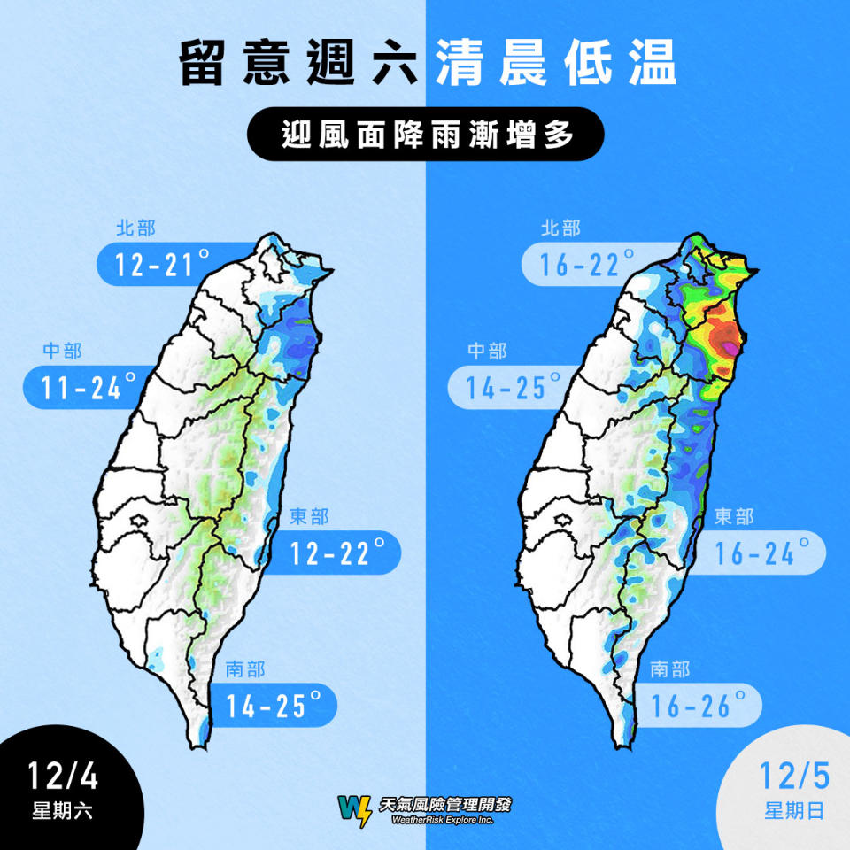 天氣風險表示，因水氣增加迎風面地區轉雨。   圖：擷取自臉書「天氣風險 WeatherRisk」