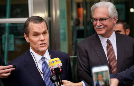 Taylor Swift lawyers Douglas Baldridge (L) and Jesse Schaudies speak to the media after the verdict was announced at Denver Federal Court in the Taylor Swift groping trial in Denver U.S. August 14, 2017. REUTERS/Rick Wilking