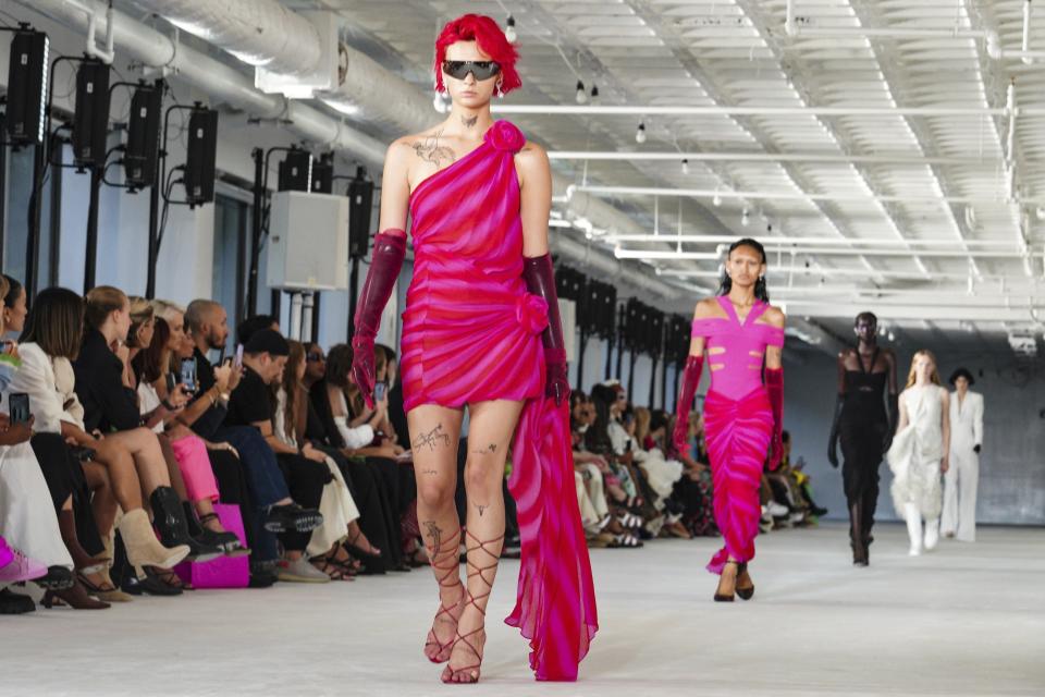 Fashion from the Prabal Gurung Spring Summer 2023 collection is modeled during Fashion Week, Saturday Sept. 10, 2022 in New York. (AP Photo/Bebeto Matthews)