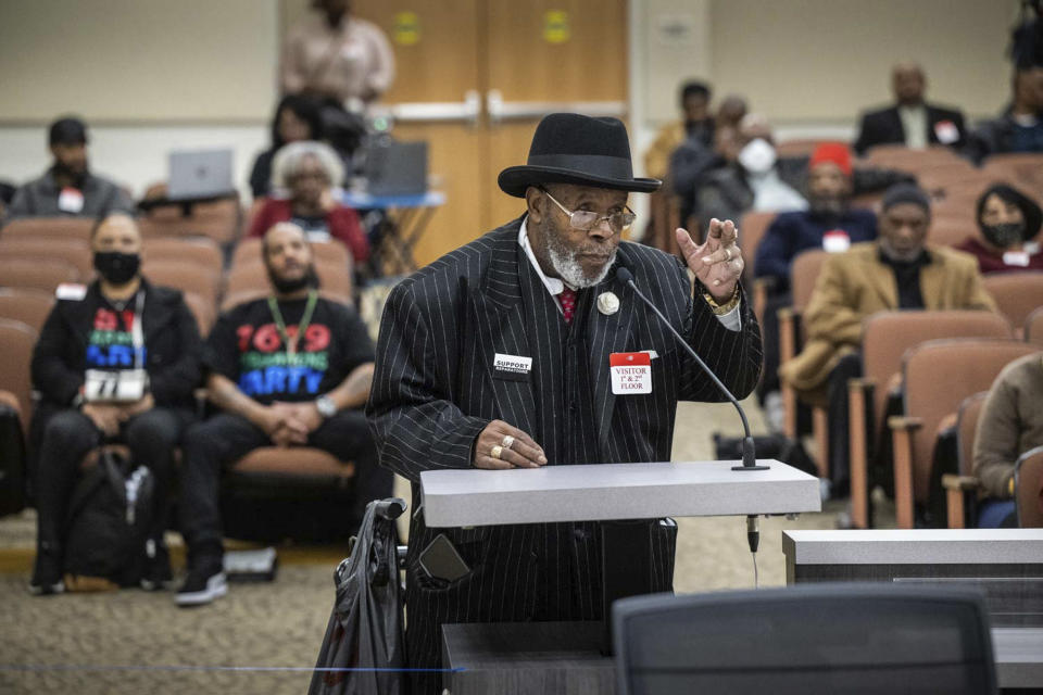 Bishop Henry C. Williams, of Oakland, testifies during the Reparations Task Force meeting in Sacramento, Calif., Wednesday, March 29, 2023. Williams said he hopes to build a Black Wall Street in Oakland with all Black-owned businesses. The leader of the reparations task force said Wednesday it won't take a stance on how much the state should compensate individual Black residents. (Hector Amezcua/The Sacramento Bee via AP)