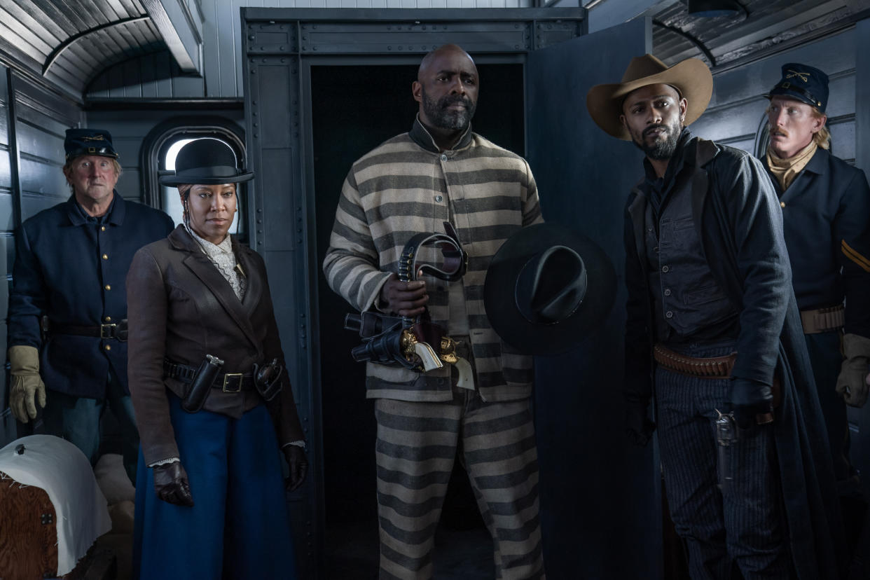 THE HARDER THEY FALL (L-R): REGINA KING as TRUDY SMITH, IDRIS ELBA as RUFUS BUCK, LAKEITH STANFIELD as CHEROKEE BILL. CR: DAVID LEE/NETFLIXÂ Â© 2021