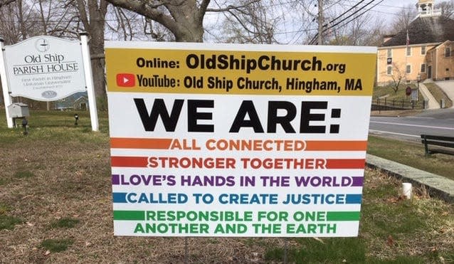 A sign outside the Old Ship Church in Hingham.