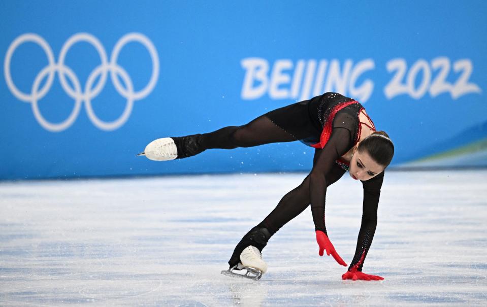 Russia's Kamila Valieva competes in the women's single skating free skating event during the Beijing 2022 Winter Olympic Games on February 17, 2022. / Credit: ANNE-CHRISTINE POUJOULAT/AFP via Getty Images