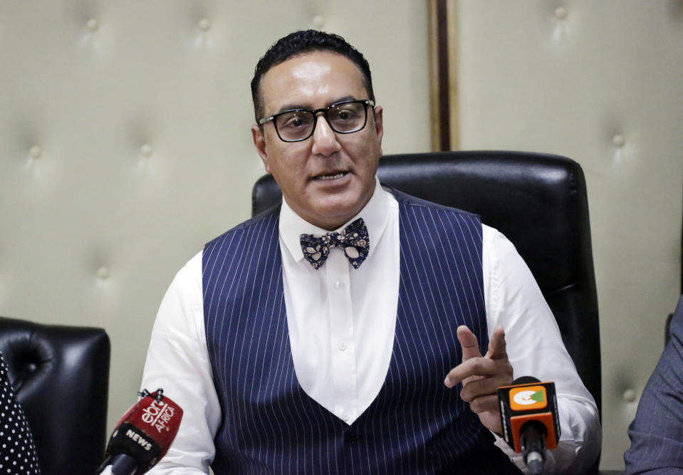 Kenya's Cabinet Secretary for Tourism Najib Balala speaks during a press conference on an investigation on the deaths of several black rhinos, in Nairobi, Kenya, Thursday, July 26, 2018. At least 8 black rhinos died in July after they were relocated by KWS (Kenya Wildlife Services) to Tsavo East national park from Nairobi and Nakuru national parks for repopulation purposes. (AP Photo/Khalil Senosi)