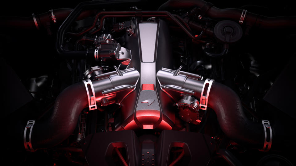The 750 hp twin-turbo V-8 engine inside the McLaren 750S.