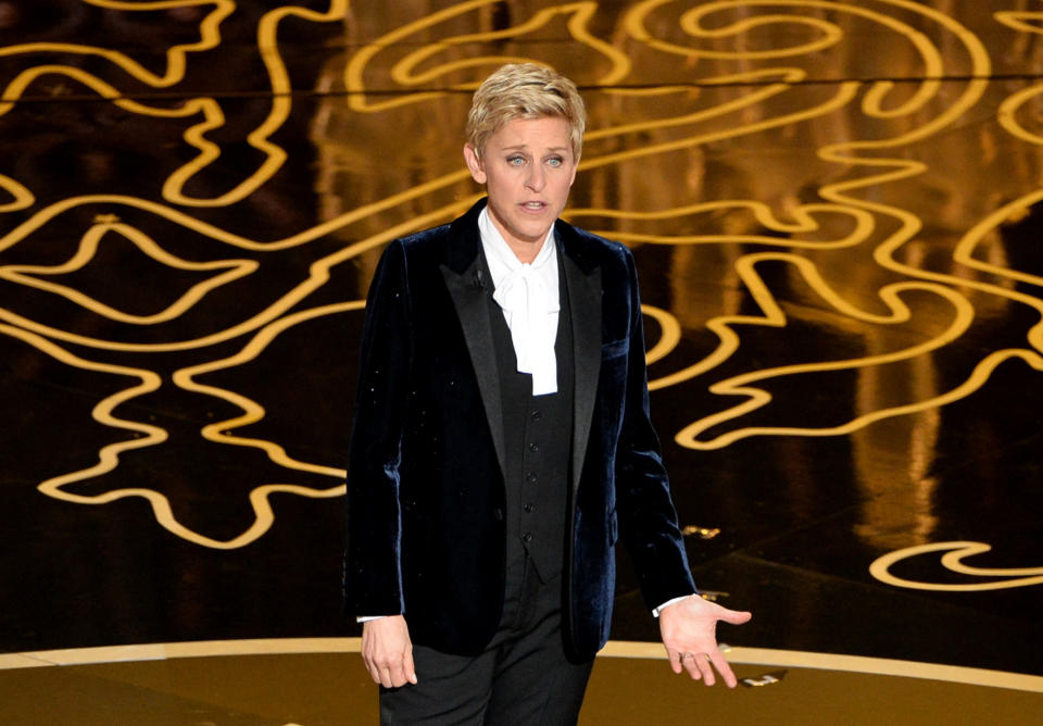 Host Ellen DeGeneres speaks onstage during the Oscars at the Dolby Theatre on March 2, 2014 in Hollywood, California.  (Photo by Kevin Winter/Getty Images)