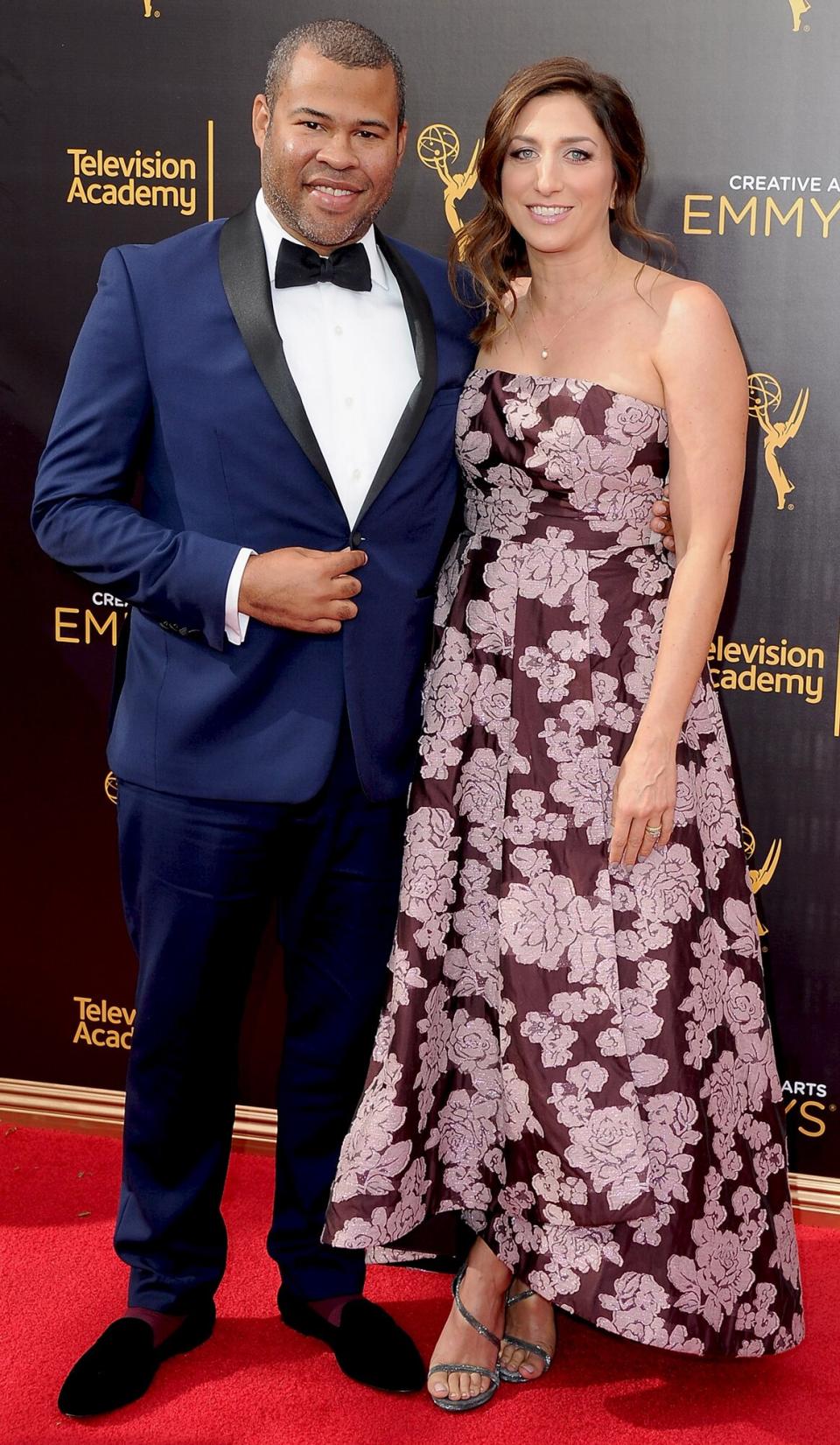 Jordan Peele and wife Chelsea Peretti arrive at the 2016 Creative Arts Emmy Awards at Microsoft Theater on September 11, 2016 in Los Angeles, California