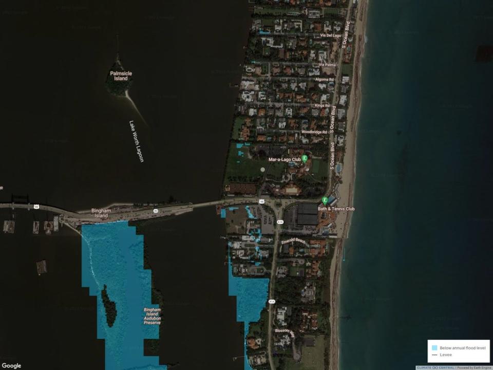 The land projected to be below annual flood level in 2050 at Mar-a-Lago and surrounding areas of Palm Beach, Florida based on conservative estimates of climate change (Climate Central)