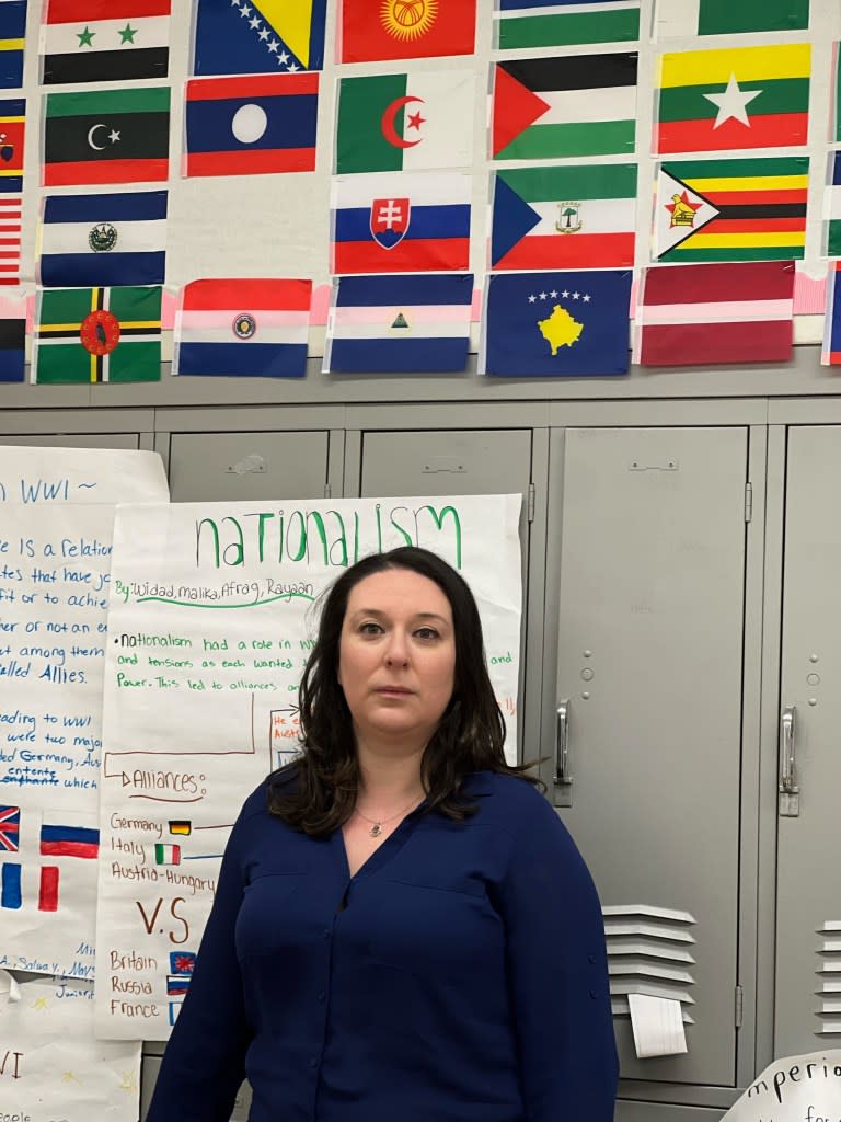 Students ripped down the Israel flag from Danielle Kaminsky’s international display, missing above, and told her it was burned.