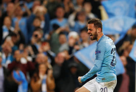 Soccer Football - Champions League Quarter Final Second Leg - Manchester City v Tottenham Hotspur - Etihad Stadium, Manchester, Britain - April 17, 2019 Manchester City's Bernardo Silva celebrates their fourth goal scored by Sergio Aguero REUTERS/Phil Noble