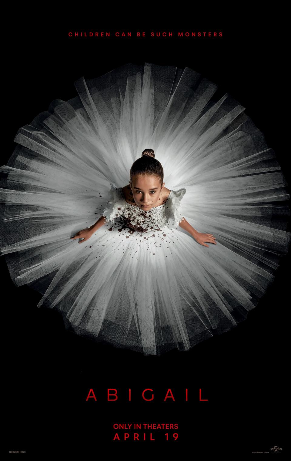 Child actress depicted above the title "ABIGAIL," with a dramatic tulle collar, promoting a movie release for April 19