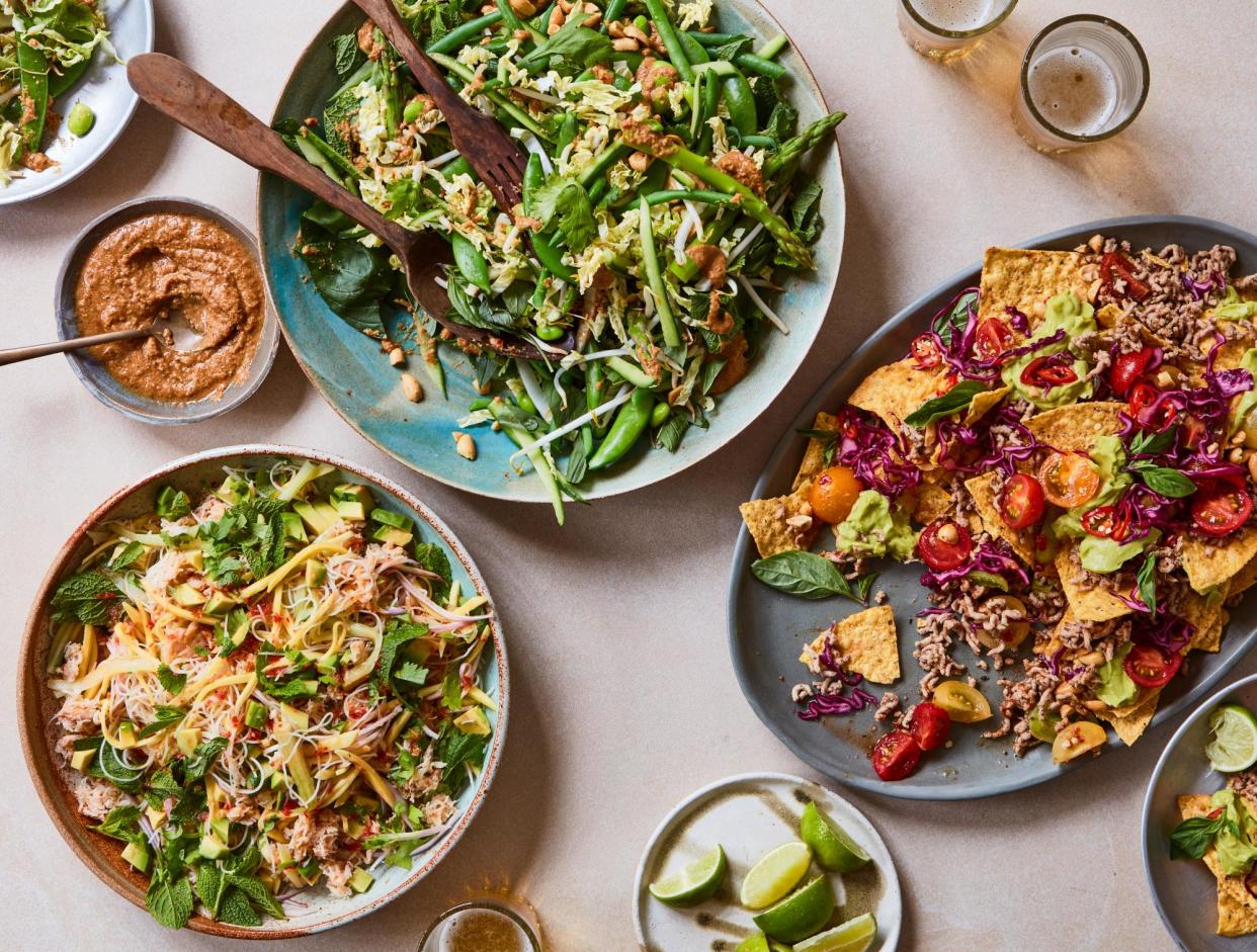 <span>Four flavours – sweet, salty, sour and spicy – dominate Thai cooking, and all are abundant in <a href="https://www.theguardian.com/food/2023/aug/26/spicy-summer-salad-recipes-thai-summer-vegetable-salad-peanut-crab-mango-rice-noodle-salad-larb-nachos-pickled-cabbage-avocado-crema-salsa-ravinder-bhogal" rel="nofollow noopener" target="_blank" data-ylk="slk:Ravinder Bhogal's Thai-inspired salads;elm:context_link;itc:0;sec:content-canvas" class="link rapid-noclick-resp">Ravinder Bhogal's Thai-inspired salads</a>.</span><span>Photograph: Yuki Sugiura/The Guardian. Food styling: Hanna Miller. Props styling: Jennifer Kay. Food styling assistant: Verity Walcot</span>