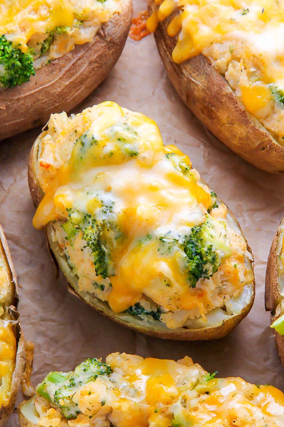 <p>These potato "boats" are filled with mashed potatoes, broccoli, and tons of cheddar cheese. </p><p><strong>Get the recipe at <a href="http://bakerbynature.com/broccoli-and-cheddar-twice-baked-potatoes/#more-31139" rel="nofollow noopener" target="_blank" data-ylk="slk:Baker By Nature;elm:context_link;itc:0;sec:content-canvas" class="link ">Baker By Nature</a>. </strong><br></p>