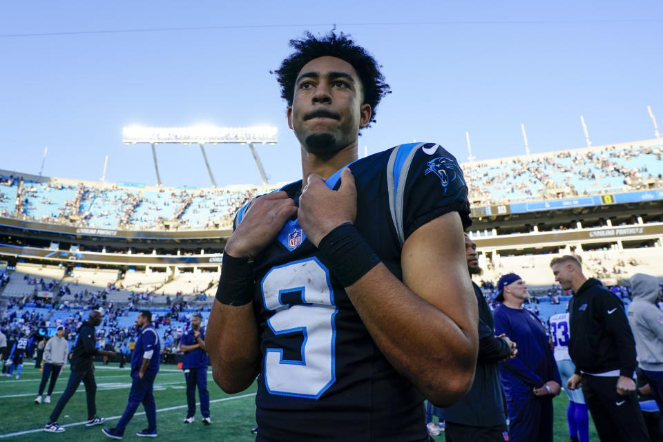 Carolina Panthers quarterback Bryce Young leaves the field after their loss against the Dallas Cowboys in an NFL football game Sunday, Nov. 19, 2023, in Charlotte, N.C. (AP Photo/Rusty Jones)