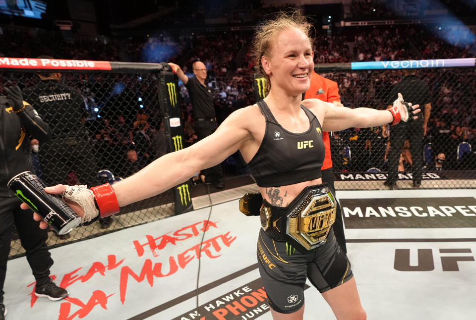 SINGAPORE, SINGAPORE - JUNE 12: Valentina Shevchenko of Kyrgyzstan reacts after her split-decision victory over Taila Santos of Brazil in the UFC flyweight championship fight during the UFC 275 event at Singapore Indoor Stadium on June 12, 2022 in Singapore. (Photo by Jeff Bottari/Zuffa LLC)