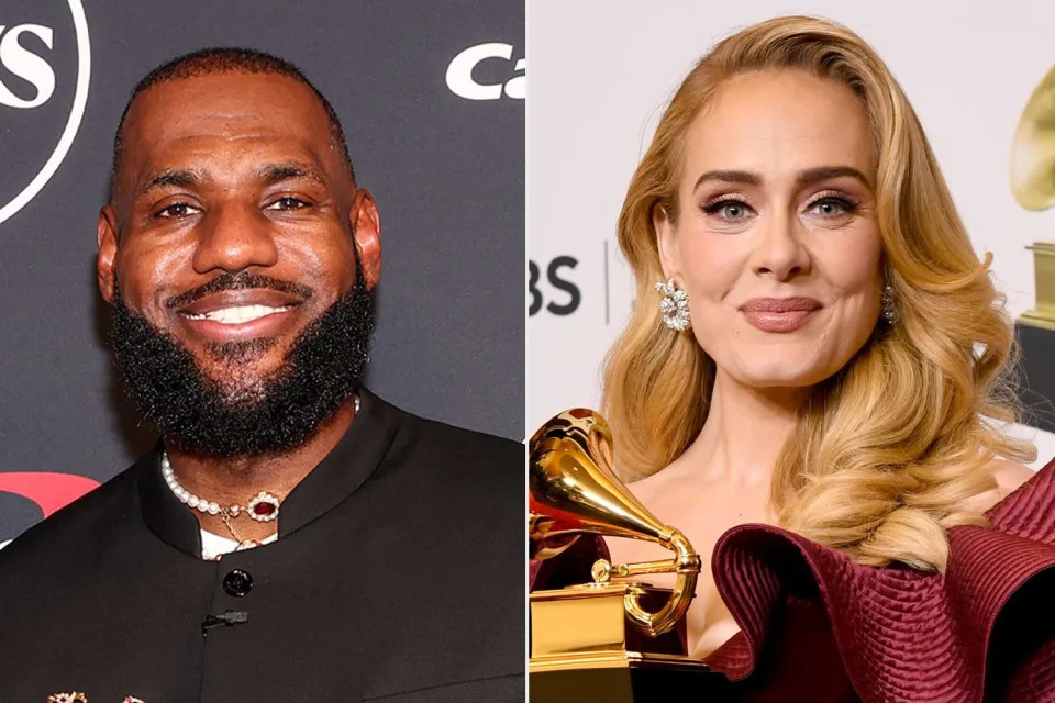 <p>Kevin Mazur/Getty; Jon Kopaloff/WireImage</p> LeBron James is a big fan of British singer Adele 