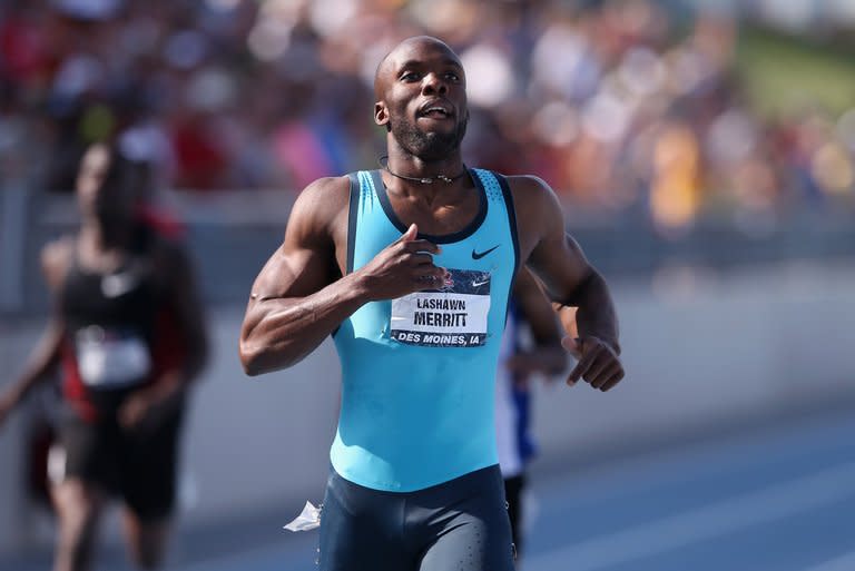 LaShawn Merritt crosses the finish line to win the Men's 400m on day three of the 2013 USA Outdoor Track & Field Championships at Drake Stadium on June 22, 2013 in Des Moines, Iowa