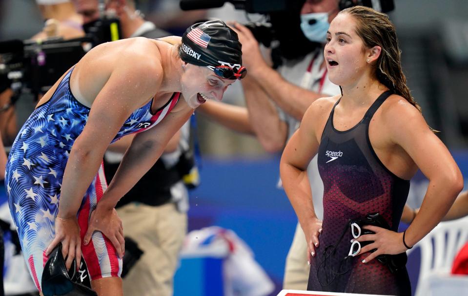 Katie Ledecky reacts with her teammates after their silver medal finish in the women's 4x200-meter freestyle relay.