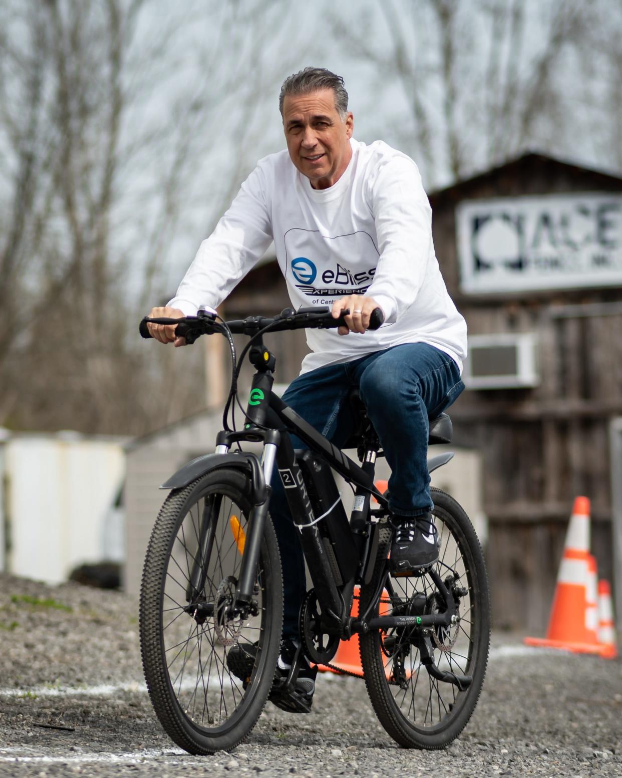 Daniel Trevisani test drives an electric bicycle at the new eBliss Experience Center in Clinton, NY on Saturday, April 27, 2024.