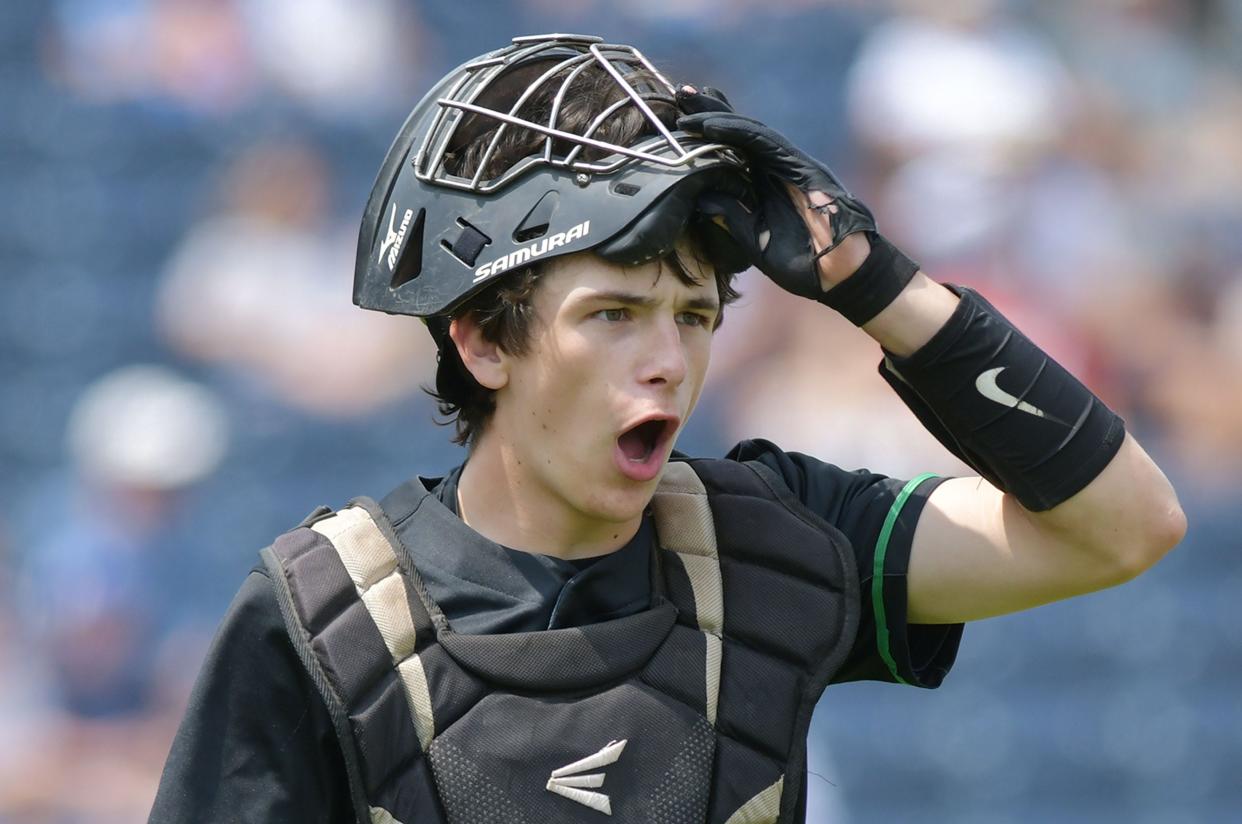 Riverside catcher Darren McDade reacts at the end of the inning during the PIAA Class 3A championship game against Camp Hill, Thursday at Penn State University .