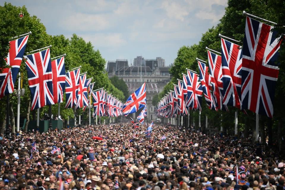 Members of the public fill the Mall before a flypast during the Trooping the Colour (Daniel Leal/PA) (PA Wire)
