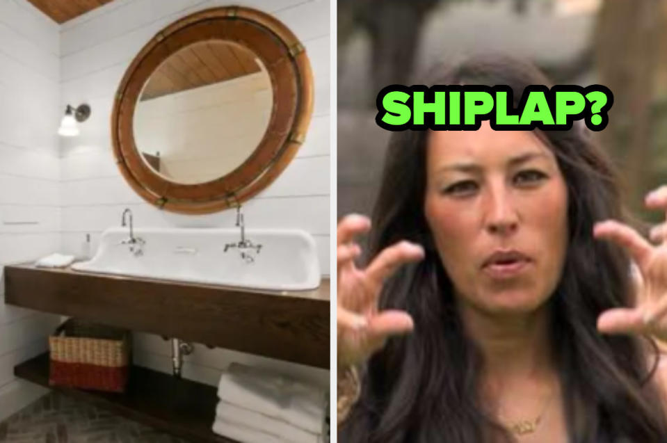 Photo one: a bathroom. Photo two: a woman making a claw-hand gesture with the word "Shiplap?"