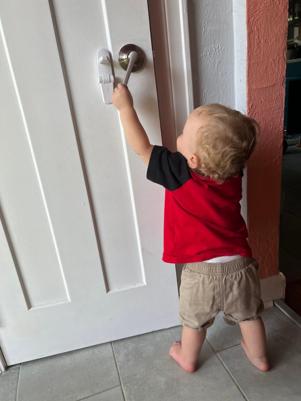 One of Henry’s favorite activities is opening doors, so we keep him out of rooms with baby locks.