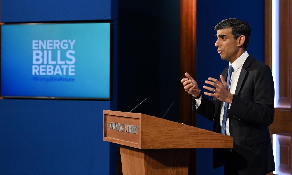 Britain's Chancellor of the Exchequer Rishi Sunak hosts a press conference in the Downing Street Briefing Room on February 3, 2022. - The UK government on Thursday stepped in to help the hardest-hit households struggling with the rising cost of living, announcing a £9 billion package to offset soaring energy bills. It followed an announcement by that energy regulator that the price cap on how much suppliers can charge consumers will jump by 54 percent due to soaring wholesale gas prices. (Photo by JUSTIN TALLIS / POOL / AFP) (Photo by JUSTIN TALLIS/POOL/AFP via Getty Images)