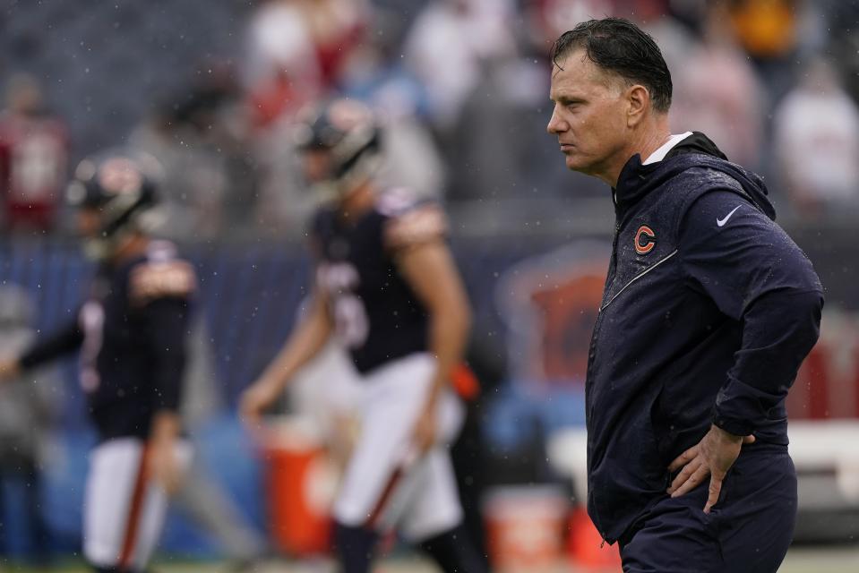 Chicago Bears head coach Matt Eberflus watches warm ups before an NFL football game against the San Francisco 49ers Sunday, Sept. 11, 2022, in Chicago. (AP Photo/Nam Y. Huh)