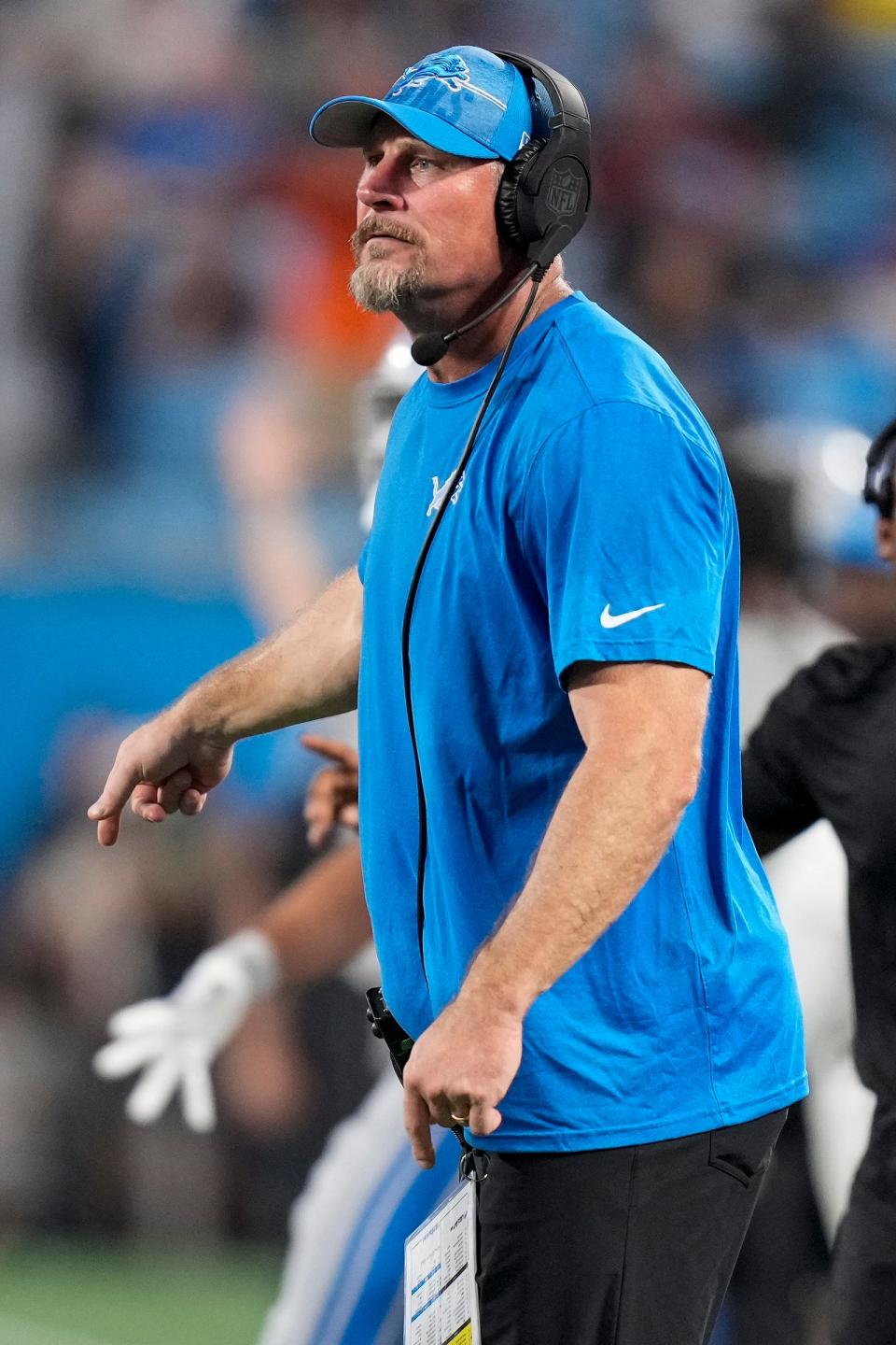 Lions coach Dan Campbell reacts to an interception by his defense during the second quarter of the 26-17 preseason win over the Panthers on Friday, Aug. 25, 2023, in Charlotte, North Carolina.
