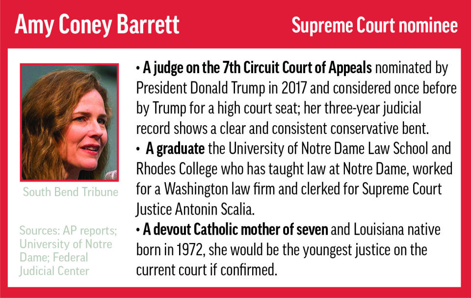 Graphic profiles Supreme Court nominee Amy Coney Barrett;