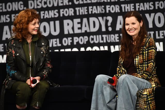 <p>Gerardo Mora/Getty </p> Susan Sarandon and Geena Davis at MegaCon in Orlando, Florida, on Feb. 3, 2024