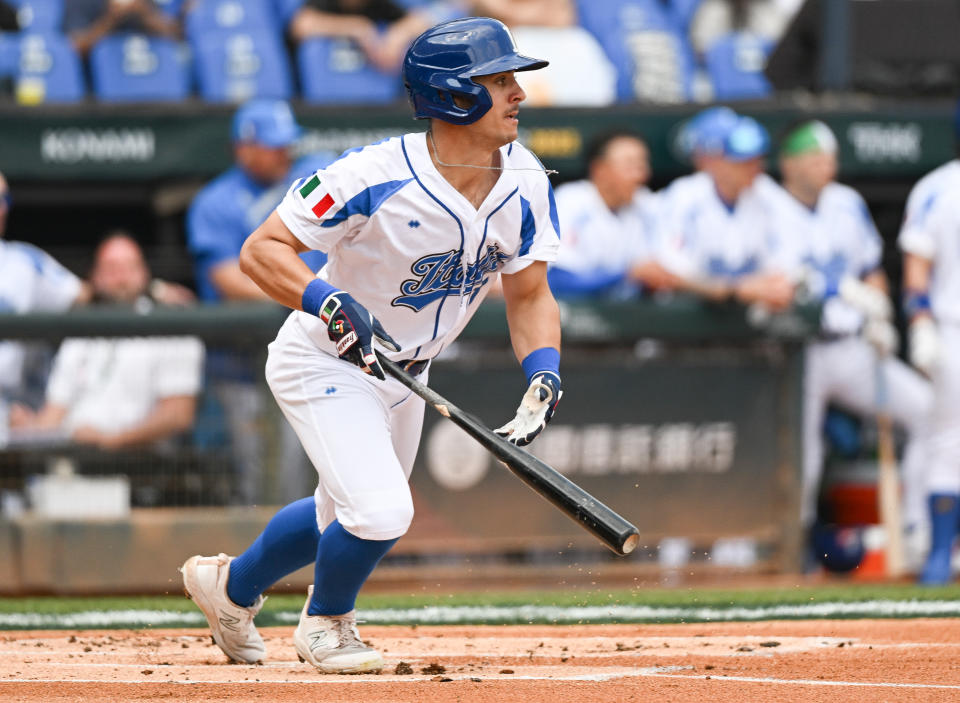 TAICHUNG, TAIWAN - MARCH 11: Sal Frelick #11 of Team Italy hits a single at the bottom of the first inning during the World Baseball Classic Pool A game between Panama and Italy at Taichung Intercontinental Baseball Stadium on March 11, 2023 in Taichung, Taiwan. (Photo by Gene Wang/Getty Images)