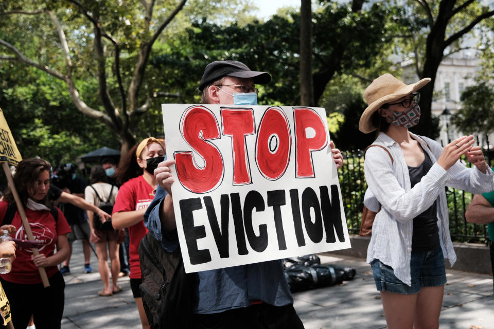 Activists hold a protest against evictions near City Hall on Aug. 11, 2021, in New York. (Spencer Platt / Getty Images file)