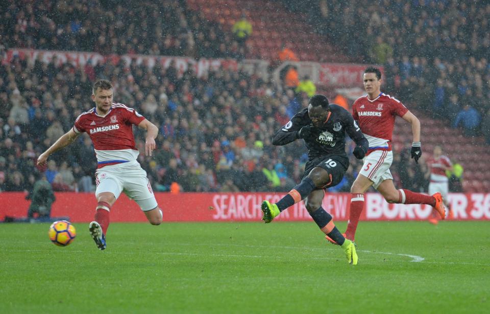 <p>Romelu Lukaku fires in a shot against Boro</p>