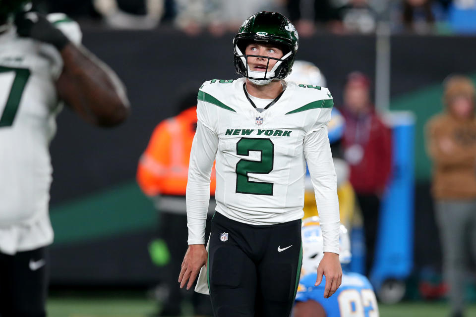 Nov 6, 2023; East Rutherford, New Jersey, USA; New York Jets quarterback Zach Wilson (2) reacts during the fourth quarter against the Los Angeles Chargers at MetLife Stadium. Mandatory Credit: Brad Penner-USA TODAY Sports