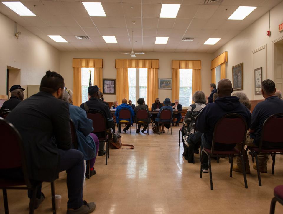 La Mott residents lead a panel discussion with several state representatives, discussing local history and the hope to restore La Mott Community Center in Cheltenham Township, Pennsylvania, on May 9, 2023. The center and community staple for many has been closed for nearly three years, and the township hopes to secure a federal grant to save it.