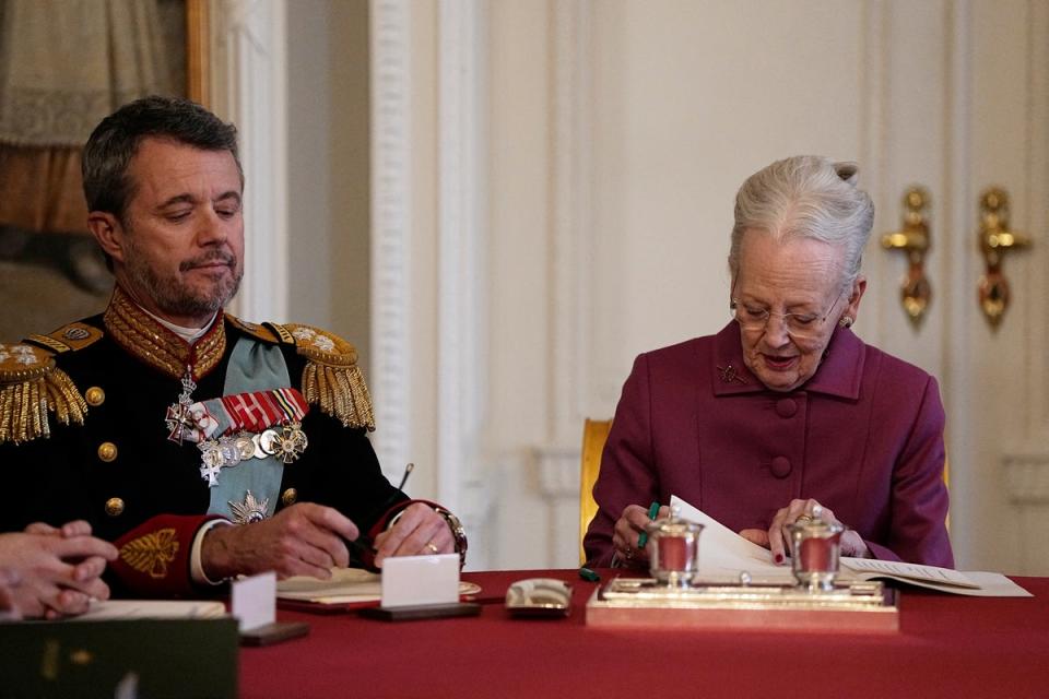 Queen Margrethe II of Denmark  signs a declaration of abdication on Sunday (Getty)