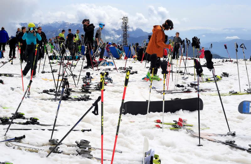 People ski on the slopes of Kanin after the Slovenian government called an official end to the country's coronavirus disease (COVID-19) outbreak, in Kanin