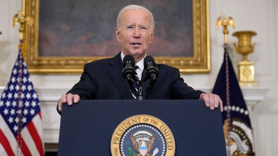 PHOTO: President Joe Biden speaks in the State Dining Room of the White House, Oct. 7, 2023, in Washington, after the militant Hamas rulers of the Gaza Strip carried out an unprecedented, multi-front attack on Israel at daybreak Saturday. (Manuel Balce Ceneta/AP)