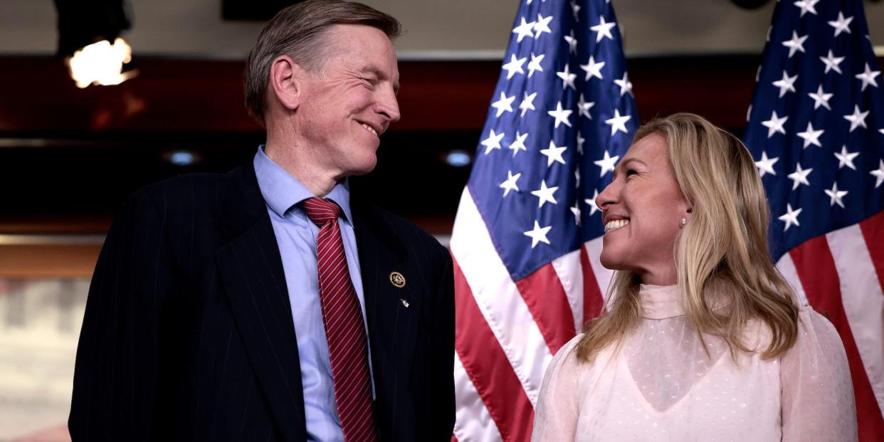 Republican Reps. Marjorie Taylor Greene of Georgia and Paul Gosar of Arizona at a press conference at the Capitol on  December 7, 2021.