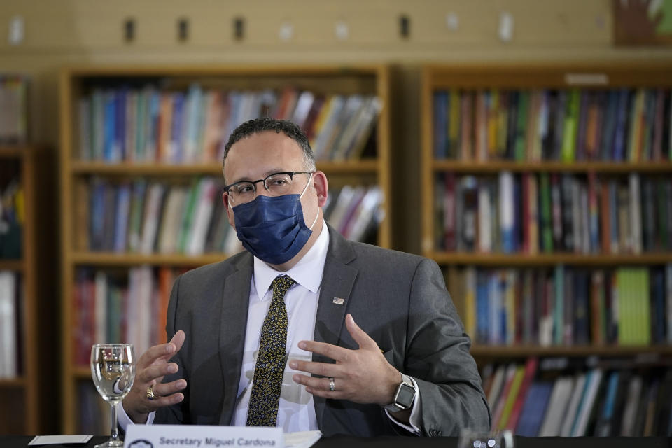 NEW HAVEN, CT - MARCH 26: Secretary of Education Miguel Cardona speaks during a roundtable session about reducing childhood poverty with Vice President Kamala Harris at the Boys and Girls Club of New Haven on March 26, 2021 in New Haven, Connecticut. Harris is traveling to New Haven, Connecticut to promote the Biden administration's recently passed $1.9 billion federal stimulus package. (Photo by Drew Angerer/Getty Images)