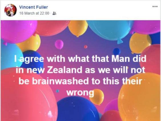 A Facebook post made by Vincent Fuller shortly before he started his attack in Stanwell, Surrey, on 16 March 2019 (Counter Terrorism Policing South East)