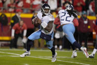 Tennessee Titans quarterback Malik Willis scrambles during the first half of an NFL football game against the Kansas City Chiefs Sunday, Nov. 6, 2022, in Kansas City, Mo. (AP Photo/Charlie Riedel)