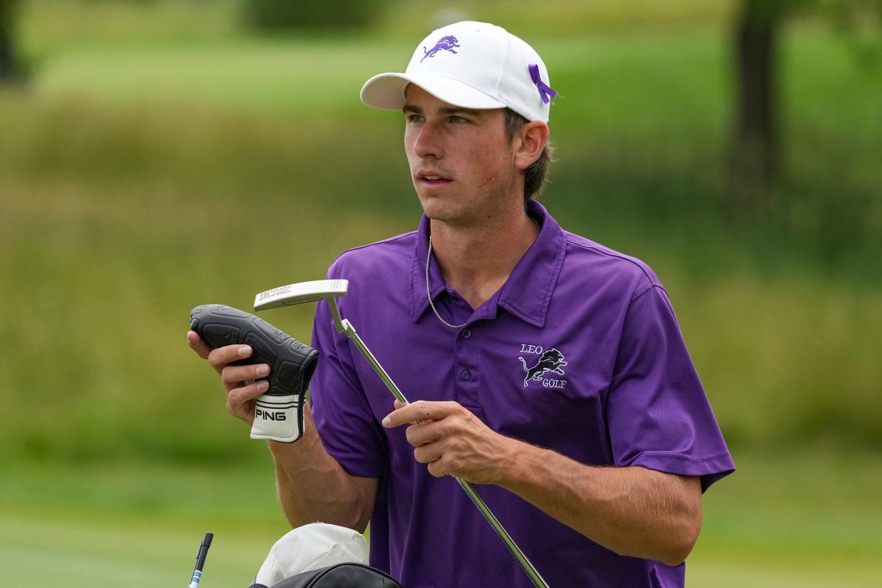 Leo's Justin Hicks moves from hole 18 on the second day of IHSAA boys golf state finals Wednesday, June 14, 2023, at Prairie View Golf Club in Carmel. 