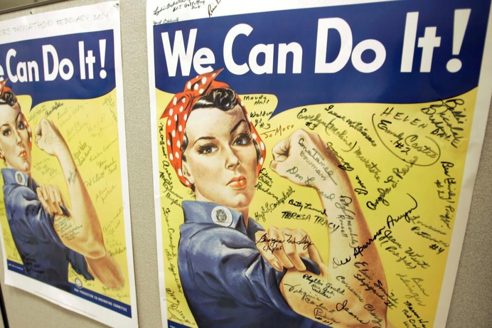 A poster showing signatures of former Rosie the Riveters is seen at the offices of the Rosie the Riveter/World War II Home Front National Historic Park in Richmond, Calif., in 2007.