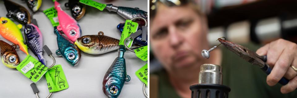 LEFT: Fishing lures made by Mick's Bait Shop owner Mick Treiber, 56, sit for sale inside her store on Tuesday, July 25, 2023. RIGHT: Mick's Bait Shop owner Mick Treiber, 56, heats fishing jigs she made before dipping them into a paint coating.