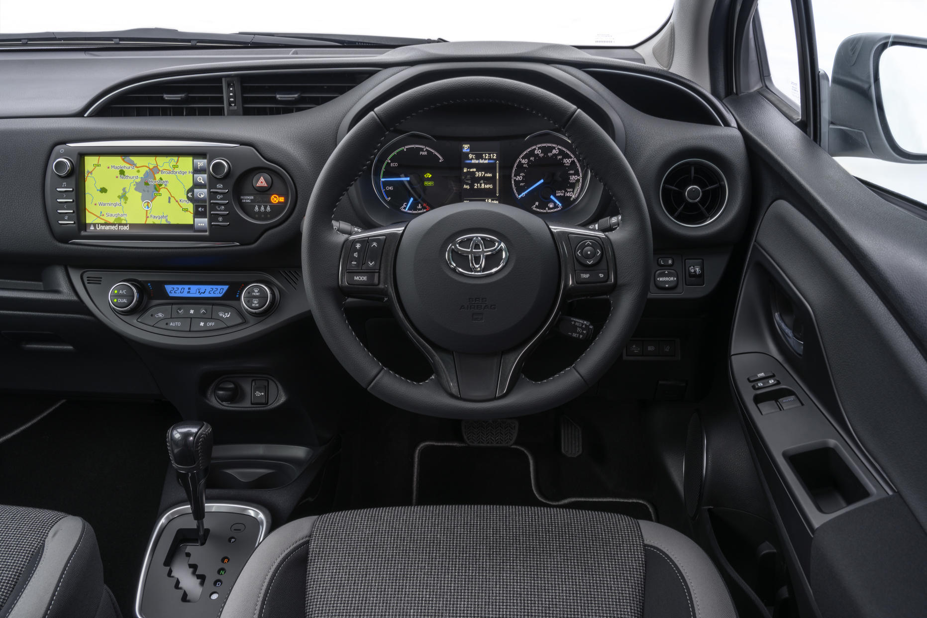 The Yaris' interior is quite low-rent